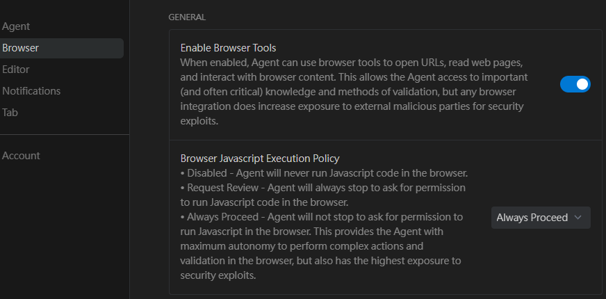 Browser Tool Settings